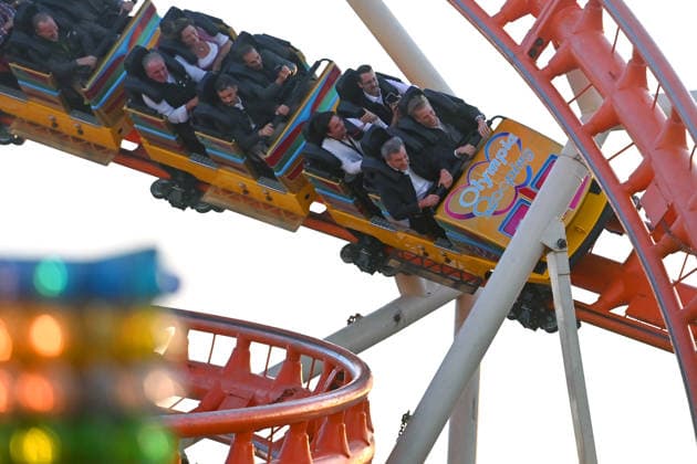 Markus SOEDER, Minister-President of Bavaria and CSU Chairman, and Mayor Dominik Krause ride the Olympia Looping. The two are thus fulfilling a promise: They had announced that they would take the roller coaster ride if Munich were selected in the national bidding process for the 191st Oktoberfest from September 19 to October 4, 2026, at