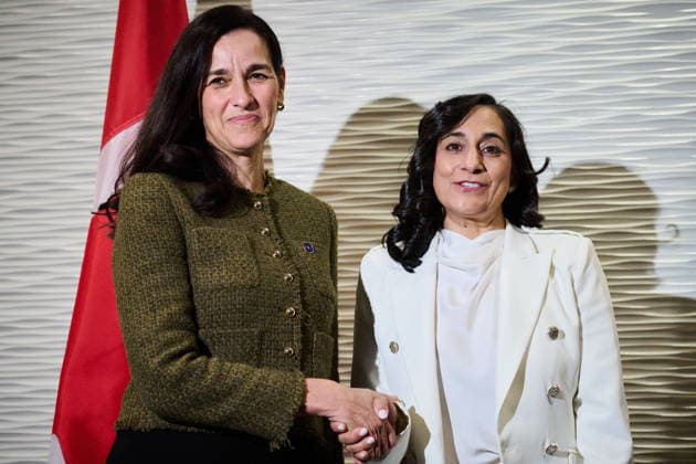 September 28, 2026, Toronto, On, Canada: Hungarian Minister of Foreign Affairs Anita Orban, left, and Minister of Foreign Affairs Anita Anand participate in a bilateral meeting at the Pathways to Peace conference on the return of Ukrainian children held by Russian officials in Toronto, on Monday, Sept. 28, 2026. Toronto Canada  - ZUMAc35_ 20260928_zaf_c35_064 Copyright: xSammyxKoganx