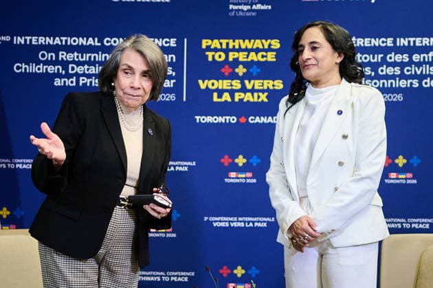 September 28, 2026, Toronto, On, Canada: Honduran Minister of Foreign Affairs Mireya Aguero, left, and Minister of Foreign Affairs Anita Anand speak before a bilateral meeting at the Pathways to Peace conference on the return of Ukrainian children held by Russian officials in Toronto, on Monday, Sept. 28, 2026. Toronto Canada  - ZUMAc35_ 20260928_zaf_c35_072 Copyright: xSammyxKoganx