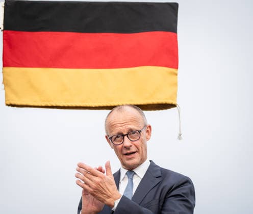 Chancellor Friedrich Merz during the dedication ceremony on the Gustav Heinemann Bridge in Saarlouis; dedication of Helmut Kohl Street and Rue François Mitterrand in Saarlouis, Saarlouis, Saarland, Germany; Gustav Heinemann Bridge