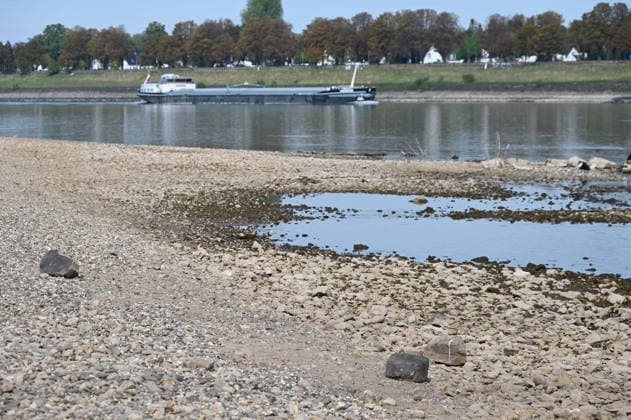 Low water levels in the Rhine have exposed a large sandbar; rocks and sand line the shore; a cargo ship is sailing in the channel near the Theodor Heuss Bridge; low water levels in the Rhine near Düsseldorf; Düsseldorf on September 28, 2026,