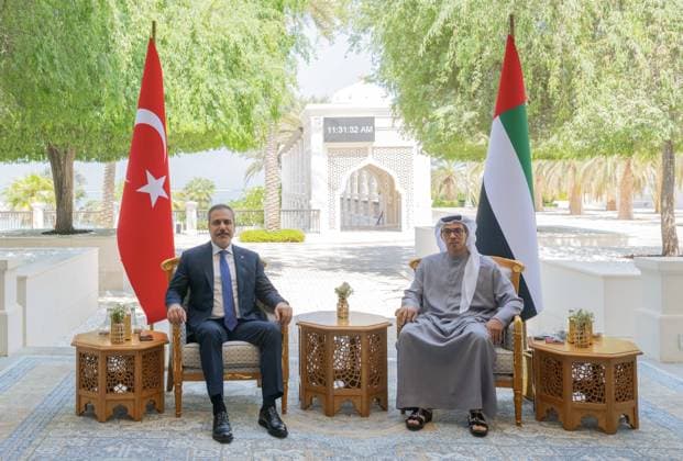 Turkish Foreign Minister Fidan - UAE Vice President Al Nahyan meet in UAE ABU DHABI, UNITED ARAB EMIRATES - SEPTEMBER 28: (----EDITORIAL USE ONLY MANDATORY CREDIT - TURKISH FOREIGN MINISTRY HANDOUT - NO MARKETING NO ADVERTISING CAMPAIGNS - DISTRIBUTED AS A SERVICE TO CLIENTS----) Turkish Foreign Minister Hakan Fidan (L) meets with UAE Vice President, Deputy Prime Minister and Chairman of the Presidential Court Sheikh Mansour bin Zayed Al Nahyan (R) during his visit to Abu Dhabi, United Arab Emirates, on September 28, 2026. Turkish Foreign Ministry Handout Anadolu Abu Dhabi United Arab Emirates. Editorial use only. Please get in touch for any other usage.  Copyright: x2026xAnadoluxTurkishxForeignxMinistryx xHandoutx