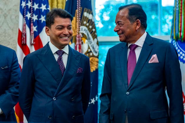Board Member of Mesabi Metallics and Director of Essar Capital Prashant Ruia (R) looks on at Chairman of Mesabi Metallics Rewant Ruia during an announcement in the Oval Office of the White House in Washington, DC on Monday, September 28, 2026. President Donald Trump announced a nearly $18 billion investment by Mesabi Metallics to build the largest steel plant in U.S. history in Iowa.  WAP20260928348 BONNIExCASH