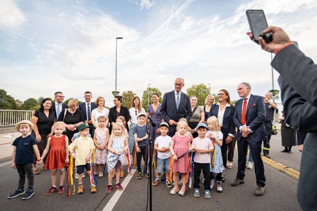 Chancellor Friedrich Merz during the dedication ceremony on the Gustav Heinemann Bridge in Saarlouis; dedication of Helmut Kohl Street and Rue François Mitterrand in Saarlouis, Saarlouis, Saarland, Germany; Gustav Heinemann Bridge