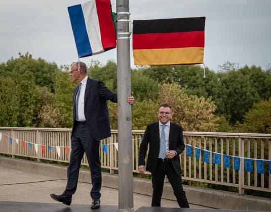 Chancellor Friedrich Merz during the dedication ceremony on the Gustav Heinemann Bridge in Saarlouis; dedication of Helmut Kohl Street and Rue François Mitterrand in Saarlouis, Saarlouis, Saarland, Germany; Gustav Heinemann Bridge