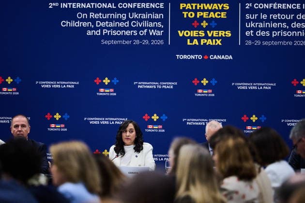 September 28, 2026, Toronto, On, Canada: Minister of Foreign Affairs Anita Anand speaks at the Pathways to Peace conference on the return of Ukrainian children held by Russian officials in Toronto, on Monday, Sept. 28, 2026. Toronto Canada  - ZUMAc35_ 20260928_zaf_c35_141 Copyright: xSammyxKoganx