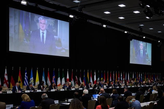 September 28, 2026, Toronto, On, Canada: Foreign ministers, representatives and delegates gather listen as Ukrainian Foreign Minister Andrii Sybiha speaks in a pre-recorded message at the Pathways to Peace conference on the return of Ukrainian children held by Russian officials in Toronto, on Monday, Sept. 28, 2026. Toronto Canada  - ZUMAc35_ 20260928_zaf_c35_143 Copyright: xSammyxKoganx