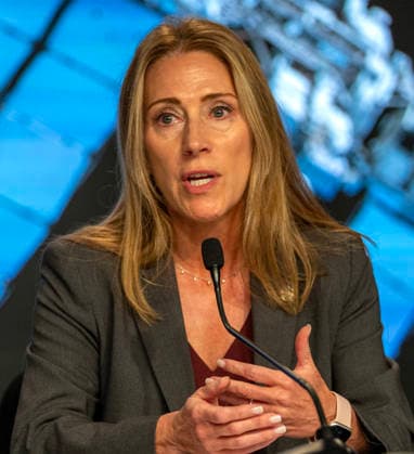 NASA s Low Earth Orbit Program Manager Dana Weigel discusses an update on the Boeing Starliner Spacecraft at a news conference at Kennedy Space Center, Florida on Monday, September 28, 2026. The backdrop is a photo of the International Space Station, where the Starliner was designed to fly to but has had troubles. After a redesign, the next Starliner is expected to be launched in December.  KSC20260928114 PATxBENIC