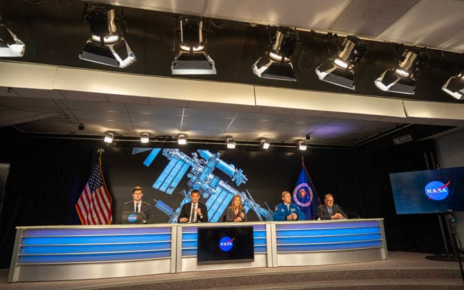 NASA Administrator Jared Isaacman (2nd L), NASA s Low Earth Orbit Program Manager Dana Weigel,NASA astronaut Woody Hoburg, and Boeing Commercial Crew Program Manager John Mulholland (R) make comments at a news conference for an update on the Boeing Starliner Spacecraft at Kennedy Space Center, Florida on Monday, September 28, 2026. The backdrop is a photo of the International Space Station, where the Starliner was designed to fly to but has had troubles. After a redesign, the next Starliner is expected to be launched in December.  KSC20260928107 PATxBENIC