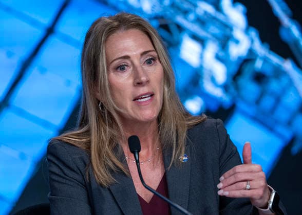 NASA s Low Earth Orbit Program Manager Dana Weigel discusses an update on the Boeing Starliner Spacecraft at a news conference at Kennedy Space Center, Florida on Monday, September 28, 2026. The backdrop is a photo of the International Space Station, where the Starliner was designed to fly to but has had troubles. After a redesign, the next Starliner is expected to be launched in December.  KSC20260928125 PATxBENIC