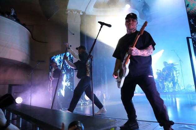 Jonathan Reeves, Joel Birch, and Dan Brown (from left) of the band The Amity Affliction at a concert at the Metropol in Berlin on September 28, 2026. The Amity Affliction Concert in Berlin