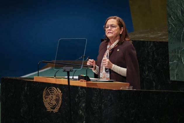 September 28, 2026, New York, New York, United States: El Salvador Foreign Minister ALEXANDRA HILL TINOCO addresses the General Assembly during the final day of the General Debate of the 81st UN General Assembly. Hill called for a more effective and responsive UN, stressing national sovereignty and arguing for multilateral cooperation capable of producing concrete results. She also highlighted El SalvadorÃ¢â‚¬â ¢s security policies and priorities including investment, employment, education and technology. New York United States  - ZUMAo116 20260928_znp_o116_006 Copyright: xBiancaxOterox