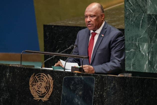 September 28, 2026, New York, New York, United States: Sudanese Minister of Foreign Affairs MOHIELDIN SALIM AHMED IBRAHIM addresses the General Assembly during the official final day of the General Debate of the 81st UN General Assembly. Ibrahim focused on the war in Sudan, calling for an end to foreign support, weapons and mercenaries reaching the Rapid Support Forces and rejecting externally imposed solutions to the conflict. He also raised SudanÃ¢â‚¬â ¢s concerns over the denial of a US entry visa to Sovereign Council Chairman Abdel Fattah al-Burhan and called for reform of the UN Security Council, including permanent African representation. New York United States  - ZUMAo116 20260928_znp_o116_024 Copyright: xBiancaxOterox