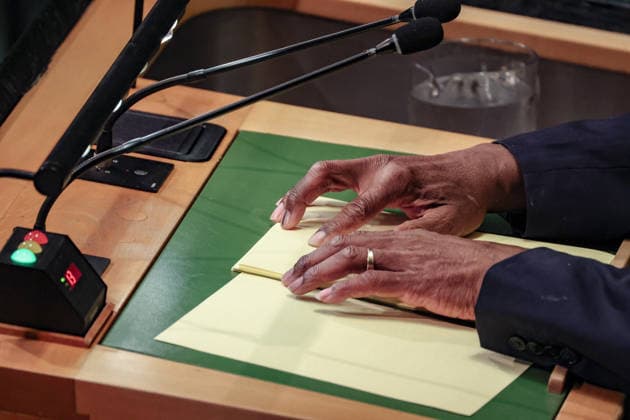 September 28, 2026, New York, New York, United States: Antigua and Barbuda Permanent Representative to the UN WALTON ALFONSO WEBSON reads braille as he addresses the General Assembly during the official final day of the General Debate of the 81st UN General Assembly. Webson focused on the particular vulnerabilities facing Small Island Developing States, calling for fairer access to climate and development finance and stressing that disasters strike regardless of a countryÃ¢â‚¬â ¢s economic classification. He also called for reform of the Security Council, including a dedicated seat for SIDS and permanent African representation. New York United States  - ZUMAo116 20260928_znp_o116_046 Copyright: xBiancaxOterox