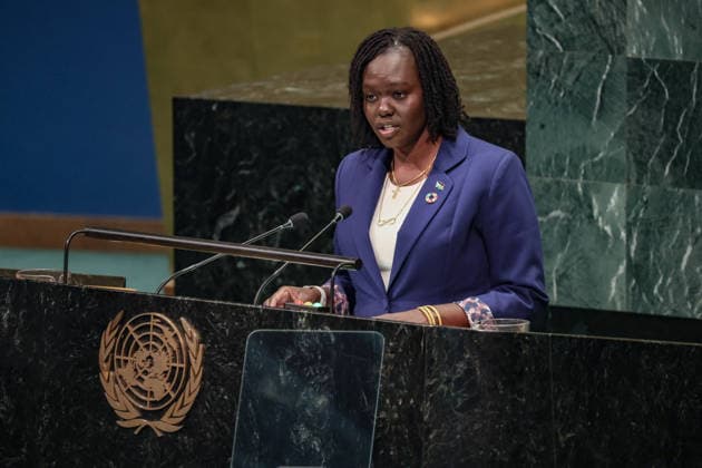 September 28, 2026, New York, New York, United States: South Sudan Permanent Representative to the UN CECILIA ADOUT MAJOK ADENG addresses the General Assembly during the official final day of the General Debate of the 81st UN General Assembly. Adeng called for the lifting of sanctions on South Sudan, arguing that sanctions should serve defined objectives rather than replace political engagement, while highlighting the countryÃ¢â‚¬â ¢s transition from conflict toward democratic governance. New York United States  - ZUMAo116 20260928_znp_o116_050 Copyright: xBiancaxOterox