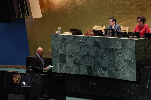 September 28, 2026, New York, New York, United States: Vanuatu Permanent Representative to the UN ODO TEVI addresses the General Assembly during the official final day of the General Debate of the 81st UN General Assembly. Tevi emphasized the existential challenges facing Small Island Developing States, focusing on climate change, climate finance and the protection of oceans, while stressing the importance of international law and stronger global action to safeguard vulnerable island nations. New York United States  - ZUMAo116 20260928_znp_o116_059 Copyright: xBiancaxOterox