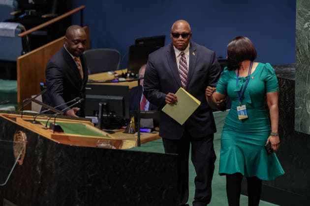 September 28, 2026, New York, New York, United States: Antigua and Barbuda Permanent Representative to the UN WALTON ALFONSO WEBSON is assisted toward the General Assembly rostrum to deliver the countryÃ¢â‚¬â ¢s national statement during the official final day of the General Debate of the 81st UN General Assembly. New York United States  - ZUMAo116 20260928_znp_o116_083 Copyright: xBiancaxOterox