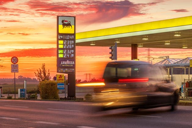 September 29, 2026: View of the AGIP gas station in Pasewalk on Federal Highway B104, showing the current daily price board. Pasewalk, Mecklenburg-Western Pomerania, Germany