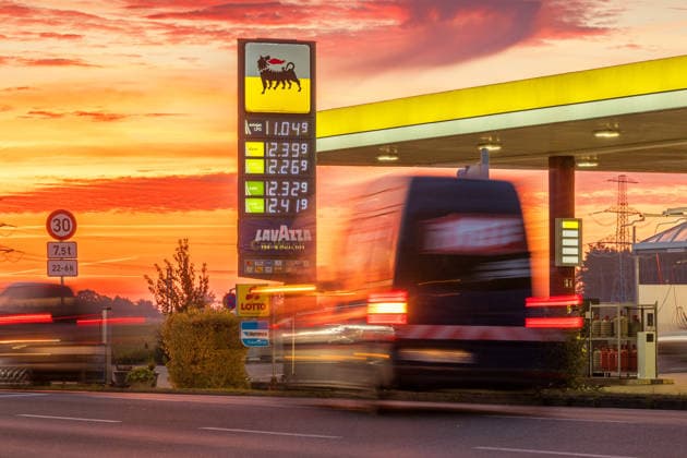 September 29, 2026: View of the AGIP gas station in Pasewalk on Federal Highway B104, showing the current daily price board. Pasewalk, Mecklenburg-Western Pomerania, Germany