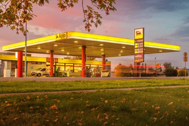 September 29, 2026: View of the AGIP gas station in Pasewalk on Federal Highway B104, showing the current price board for the day. Pasewalk, Mecklenburg-Western Pomerania, Germany