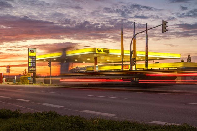 September 29, 2026: View of the AGIP gas station in Pasewalk on Federal Highway B104, showing the current price board for the day. Pasewalk, Mecklenburg-Western Pomerania, Germany