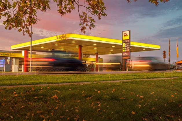 September 29, 2026: View of the AGIP gas station in Pasewalk on Federal Highway B104, showing the current price board for the day. Pasewalk, Mecklenburg-Western Pomerania, Germany