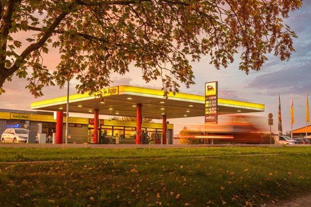 September 29, 2026: View of the AGIP gas station in Pasewalk on Federal Highway B104, showing the current price board for the day. Pasewalk, Mecklenburg-Western Pomerania, Germany