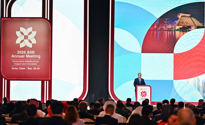 Opening ceremony of the 11th annual meeting of the Asian Infrastructure Investment Bank (AIIB) in Doha Asian Infrastructure Investment Bank (AIIB) Vice Chair of the Board of Governors and Chairman of the State Committee on Investments and State Property Management Republic of Tajikistan, Sulton Rahimzoda speaks during the opening ceremony of the 11th Annual Meeting of the Board of Governors of the Asian Infrastructure Investment Bank (AIIB) in Doha,Qatar on September 28, 2026 DOHA Qatar Copyright: xNOUSHADx