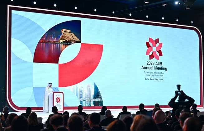 Opening ceremony of the 11th annual meeting of the Asian Infrastructure Investment Bank (AIIB) in Doha Asian Infrastructure Investment Bank (AIIB) Chair of the Board of Governors and Minister of Finance of Qatar, Ali bin Ahmed al-Kuwari, speaks during the opening ceremony of the 11th Annual Meeting of the Board of Governors of the Asian Infrastructure Investment Bank (AIIB) in Doha,Qatar on September 28, 2026 DOHA Qatar Copyright: xNOUSHADx