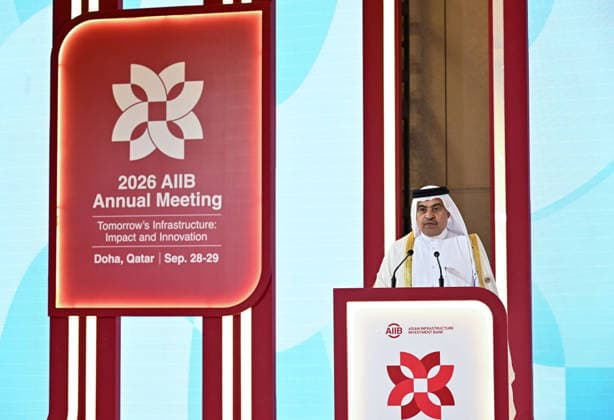 Opening ceremony of the 11th annual meeting of the Asian Infrastructure Investment Bank (AIIB) in Doha Asian Infrastructure Investment Bank (AIIB) Chair of the Board of Governors and Minister of Finance of Qatar, Ali bin Ahmed al-Kuwari, opening speech of the Flagship Seminar titled Scaling up Climate Finance for Impact: Turning Policy Reform into Resilient Growth at the 11th Annual Meeting of the Board of Governors of the Asian Infrastructure Investment Bank (AIIB) in Doha,Qatar on September 28, 2026 DOHA Qatar Copyright: xNOUSHADx