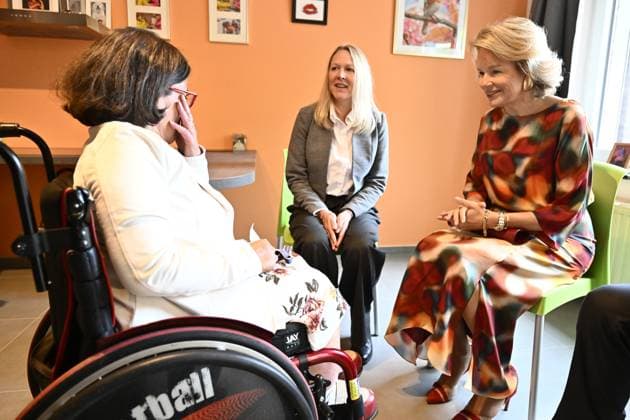 Queen Mathilde of Belgium pictured during a visit to the non-profit organization Le Bercail, a residential and outpatient care centre for adults with an intellectual disability, on Tuesday 29 September 2026, part of a visit to Liege of the Belgian Royals.  ERICxLALMAND 188172859