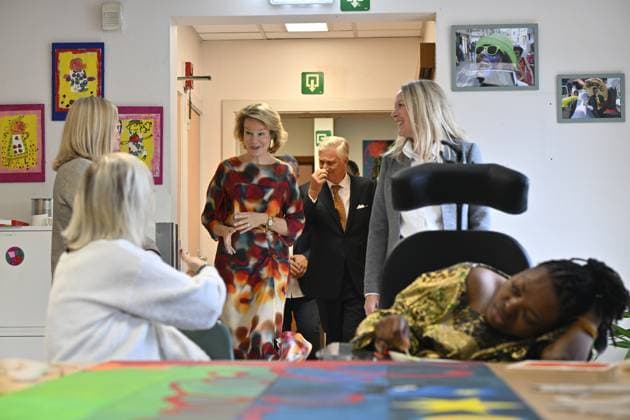 Queen Mathilde of Belgium pictured during a visit to the non-profit organization Le Bercail, a residential and outpatient care centre for adults with an intellectual disability, on Tuesday 29 September 2026, part of a visit to Liege of the Belgian Royals.  ERICxLALMAND 188177912
