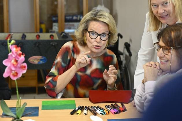 Queen Mathilde of Belgium pictured during a visit to the non-profit organization Le Bercail, a residential and outpatient care centre for adults with an intellectual disability, on Tuesday 29 September 2026, part of a visit to Liege of the Belgian Royals.  ERICxLALMAND 188177922