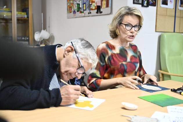 Queen Mathilde of Belgium pictured during a visit to the non-profit organization Le Bercail, a residential and outpatient care centre for adults with an intellectual disability, on Tuesday 29 September 2026, part of a visit to Liege of the Belgian Royals.  ERICxLALMAND 188179121