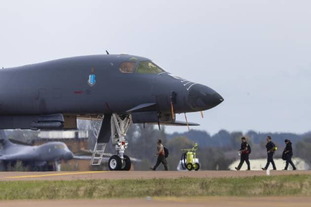 RAF Fairford US airforce bombers at RAF Fairford as security is increased after the arrest of five men  Copyright: xDougxSeeburgx NINTCHDBPICT001111877269