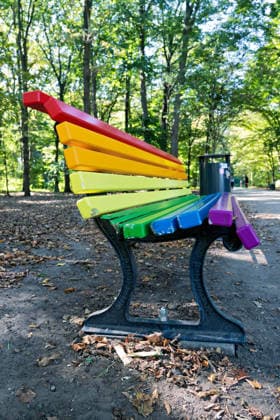 Berlin, September 29, 2026: The damaged rainbow bench in the Großer Tiergarten, which commemorates the victims of the attack on Christopher Street Day (CSD) on July 25, 2026