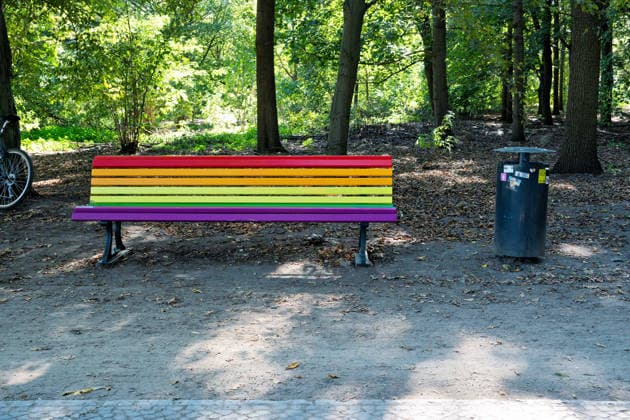 Berlin, September 29, 2026: The damaged rainbow bench in the Großer Tiergarten, which commemorates the victims of the attack on Christopher Street Day (CSD) on July 25, 2026