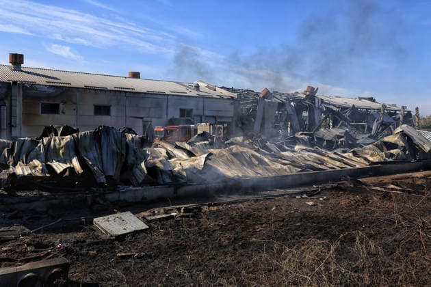 A civilian industrial facility producing plastic tableware is damaged by a fire caused by a nighttime Russian drone strike in the Odesa region, Ukraine, September 29, 2026. (Photo by Nina Liashonok Ukrinform) Manufacturing plant burns down in Odesa region due to Russian drone attack  Copyright: xNinaxLiashonokx