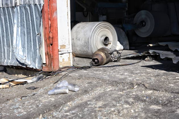 A fragment of a kamikaze drone lies on the premises of a civilian industrial facility producing plastic tableware, damaged by a nighttime Russian drone strike in the Odesa region, Ukraine, September 29, 2026. (Photo by Nina Liashonok Ukrinform) Manufacturing plant burns down in Odesa region due to Russian drone attack  Copyright: xNinaxLiashonokx