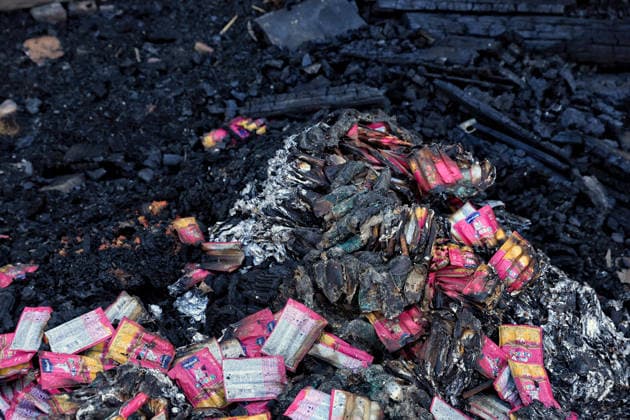 Fire-stricken packages with pet food are piled among the ruins at the Loving Hearts animal shelter in the Odesa region, Ukraine, September 29, 2026. During a nighttime Russian drone strike, the roof of the building - covering more than 400 square metres - was hit. The fire destroyed the premises along with stocks of grain, medicines, warm blankets, bowls, and other critical supplies. Thirteen animals - 10 cats and three dogs - died as a result of the strike and ensuing fire. (Photo by Nina Liashonok Ukrinform) Russia strikes animal shelter near Odesa  Copyright: xNinaxLiashonokx