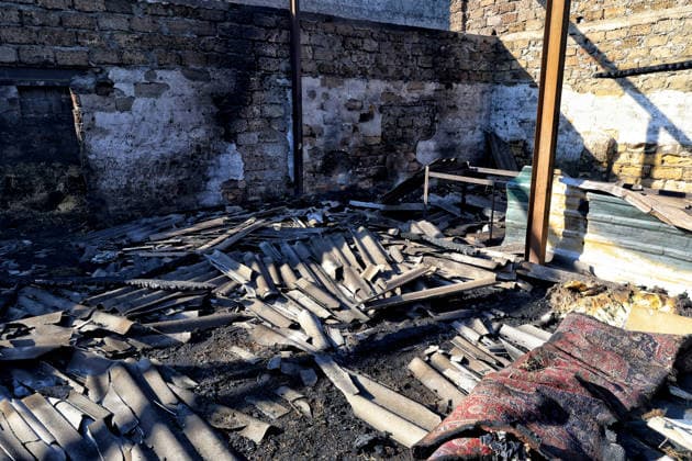 A collapsed slate roof and charred walls are inside the destroyed main building of the Loving Hearts animal shelter in the Odesa region, Ukraine, September 29, 2026. During a nighttime Russian drone strike, the roof of the building - covering more than 400 square metres - was hit. The fire destroyed the premises along with stocks of grain, medicines, warm blankets, bowls, and other critical supplies. Thirteen animals - 10 cats and three dogs - died as a result of the strike and ensuing fire. (Photo by Nina Liashonok Ukrinform) Russia strikes animal shelter near Odesa  Copyright: xNinaxLiashonokx