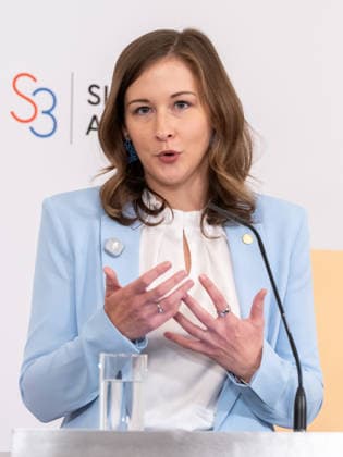 September 29, 2026 Press Conference, Slavkov Group 012, Federal Minister for Europe, Integration, and Family at the Federal Chancellery, Claudia Plakolm (ÖVP), on September 29, 2026, at the press conference held in conjunction with the 2026 Western Balkans Conference at the Federal Chancellery in Vienna, Vienna, Austria