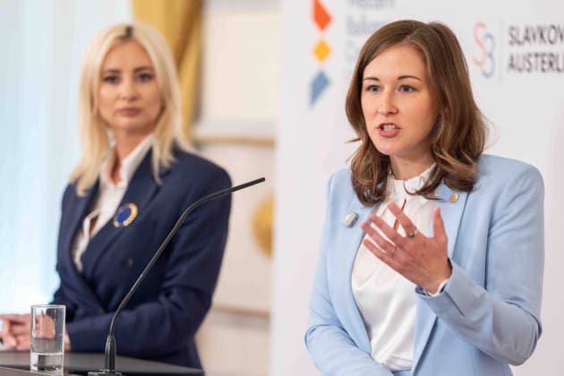 September 29, 2026: Press Conference, Slavkov Group 031—Montenegro’s Minister for European Affairs, Maida GorÄ u008Devic, and Claudia Plakolm (ÖVP), Federal Minister for Europe, Integration, and Family at the Federal Chancellery, on September 29, 2026, at the press conference held on the occasion of the 2026 Western Balkans Conference at the Federal Chancellery in Vienna, Vienna, Austria