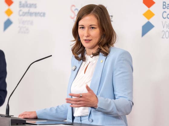 September 29, 2026 Press Conference, Slavkov Group 035 Federal Minister for Europe, Integration, and Family at the Federal Chancellery, Claudia Plakolm (ÖVP), on September 29, 2026, at the press conference held on the occasion of the 2026 Western Balkans Conference at the Federal Chancellery in Vienna, Vienna, Austria