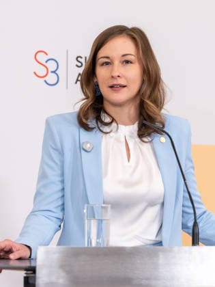 September 29, 2026 Press Conference, Slavkov Group 090: Claudia Plakolm (OeVP), State Secretary in the Federal Chancellery and Member of the National Council, on September 29, 2026, at the press conference held on the occasion of the 2026 Western Balkans Conference at the Federal Chancellery in Vienna, Vienna, Austria