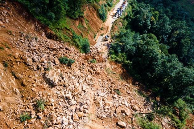 September 29, 2026, Lalitpur, Bagmati, Nepal: LALITPUR, NEPAL, SEPTEMBER 29, 2026: An aerial view shows a landslide blocking the Tikabhairab section of the Kanti Highway in Lalitpur following heavy rainfall. The landslide covered the roadway with mud and debris, disrupting traffic along the route. Lalitpur Nepal  - ZUMAq101 20260929_zna_q101_080 Copyright: xAmbirxTolangx