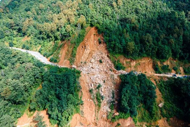 September 29, 2026, Lalitpur, Bagmati, Nepal: LALITPUR, NEPAL, SEPTEMBER 29, 2026: An aerial view shows a landslide blocking the Tikabhairab section of the Kanti Highway in Lalitpur following heavy rainfall. The landslide covered the roadway with mud and debris, disrupting traffic along the route. Lalitpur Nepal  - ZUMAq101 20260929_zna_q101_081 Copyright: xAmbirxTolangx