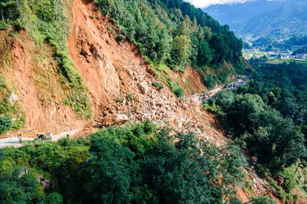 September 29, 2026, Lalitpur, Bagmati, Nepal: LALITPUR, NEPAL, SEPTEMBER 29, 2026: An aerial view shows a landslide blocking the Tikabhairab section of the Kanti Highway in Lalitpur following heavy rainfall. The landslide covered the roadway with mud and debris, disrupting traffic along the route. Lalitpur Nepal - ZUMAq101 20260929_zna_q101_078 Copyright: xAmbirxTolangx