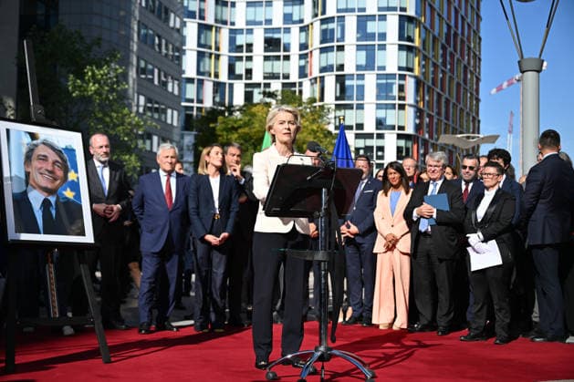 Inauguration of David Maria Sassoli Building in Brussels BRUSSELS, BELGIUM - SEPTEMBER 29: European Commission President Ursula von der Leyen delivers a speech at the podium during the inauguration ceremony of the European Parliament building named after former EP President David Maria Sassoli in Brussels, Belgium on September 29, 2026. Dursun Aydemir Anadolu Brussels Belgium. Editorial use only. Please get in touch for any other usage.  Copyright: x2026xAnadoluxDursunxAydemirx