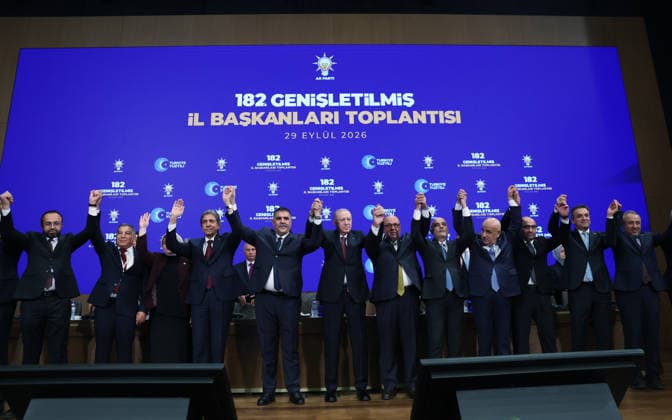 Turkish President and Leader of the Justice and Development Party Recep Tayyip Erdogan ANKARA, TURKIYE - SEPTEMBER 29: (----EDITORIAL USE ONLY - MANDATORY CREDIT - TURKISH PRESIDENCY MURAT KULA HANDOUT - NO MARKETING NO ADVERTISING CAMPAIGNS - DISTRIBUTED AS A SERVICE TO CLIENTS----) Turkish President and Justice and Development Party (AK Party) Chairman Recep Tayyip Erdogan poses for photos after presenting party badges to nine mayors who have joined the AK Party during the Meeting with Provincial Heads at the AK Party Congress Center in Ankara, Turkiye, on September 29, 2026. Turkish Presidency Murat Kula Handout Anadolu Ankara Turkey. Editorial use only. Please get in touch for any other usage.  Copyright: x2026xAnadoluxTurkishxPresidencyx xMuratxKulax xHandoutx